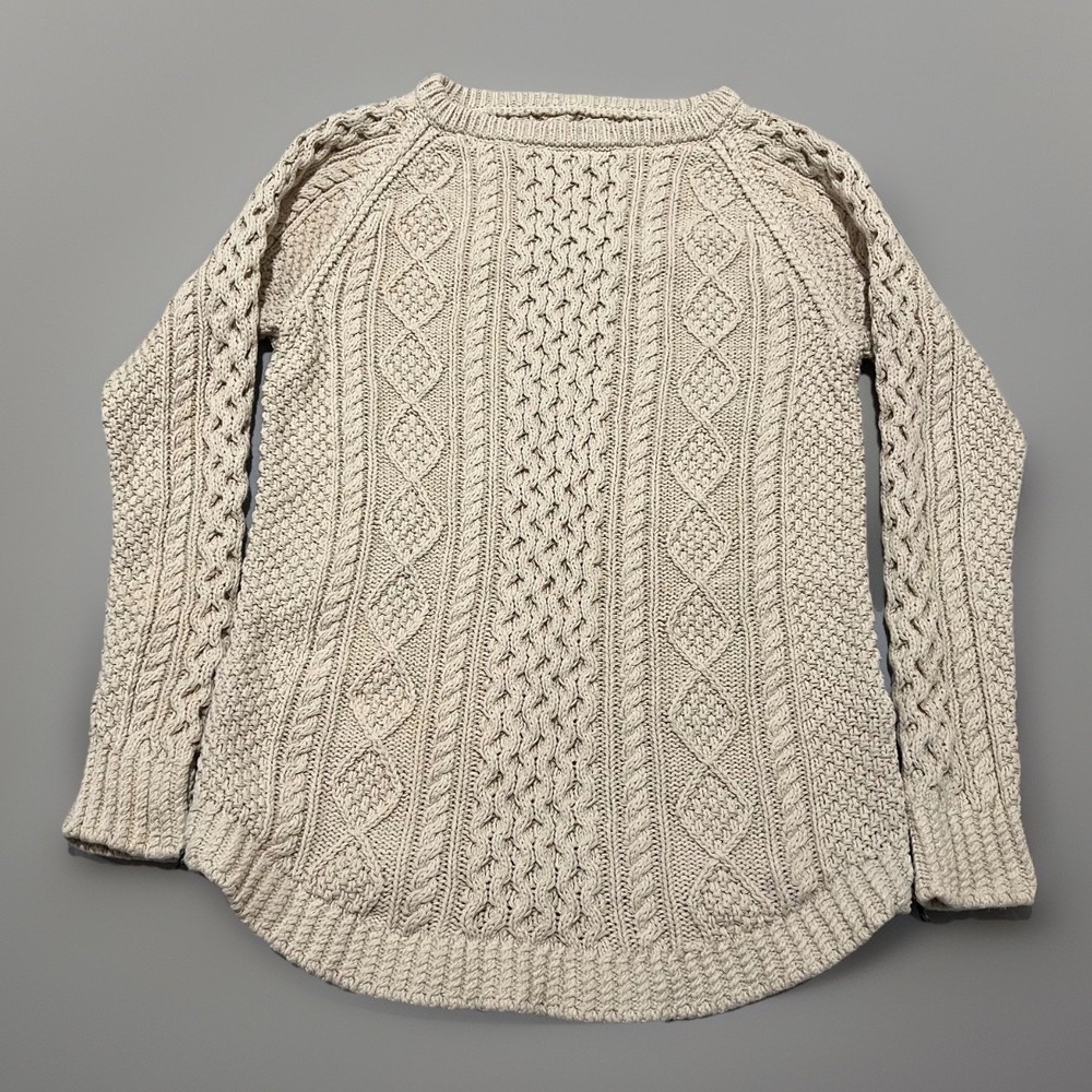 LL Bean Signature Womens Ivory Fisherman Cable Knit Pullover Chunky Sweater S